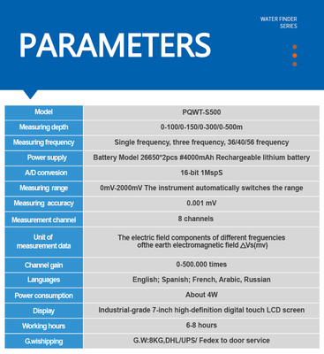 PQWT S500 500m detector de água subterrânea com tela sensível ao toque HD de 7 polegadas